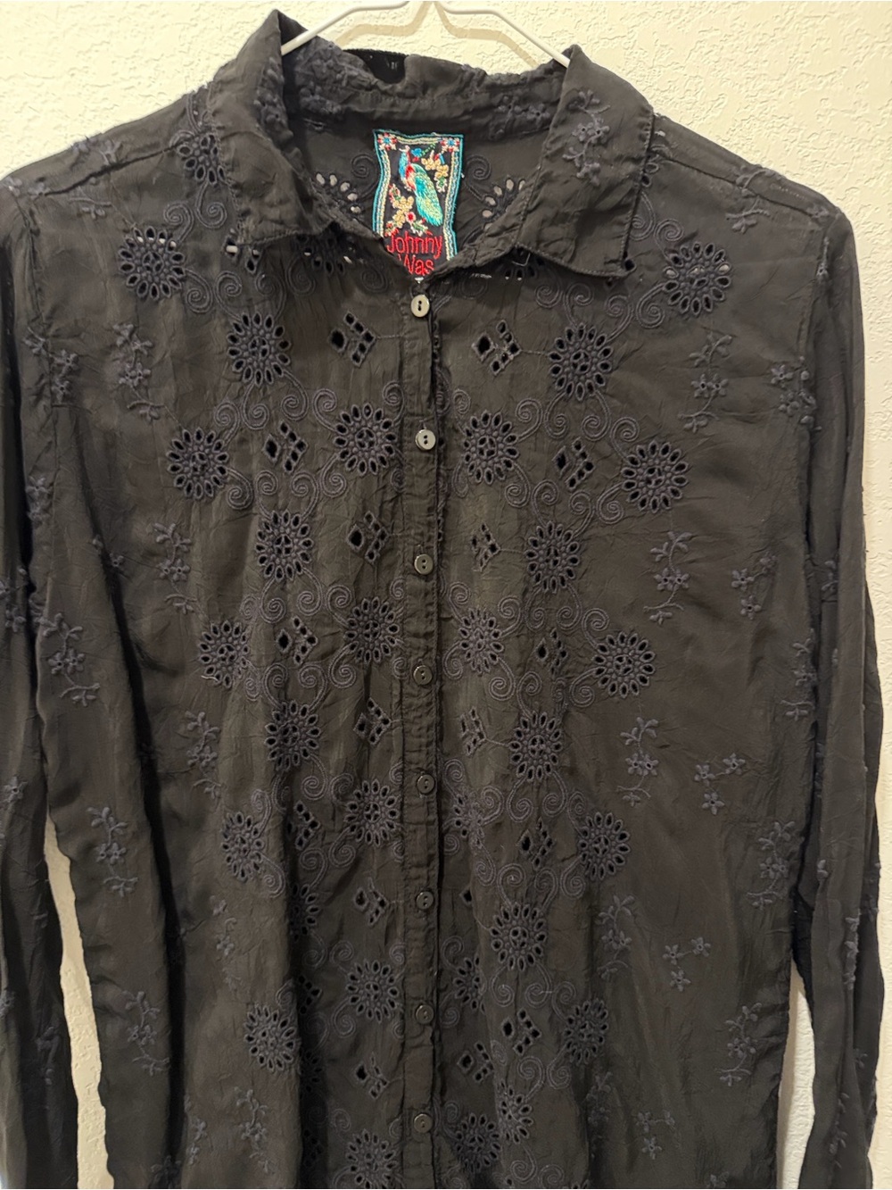 Johnny Was “Lynx” Black Embroidered Eyelet Button-Down Shirt